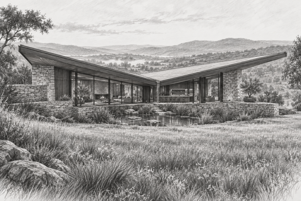 Ultra-Luxury Real Estate Psychology: Winning Clients In 2025 1 Residence with a butterfly roof, rain garden, and recessed living bar.
