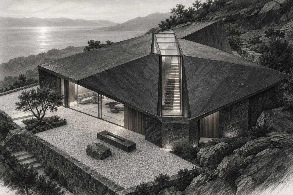 Basalt residence with faceted roof planes and a central stair.