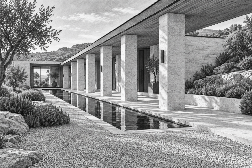 Luxury Real Estate Client Retention Strategy: Beyond The Close 1 Limestone residence with a long colonnade framing a narrow water rill.