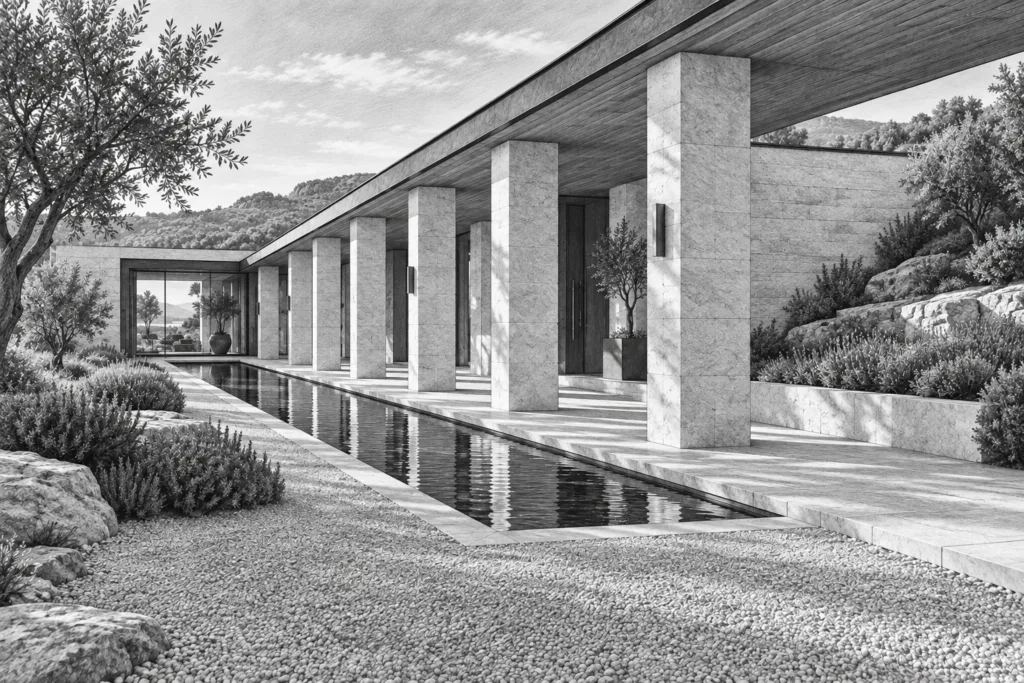 Luxury Real Estate Client Retention Strategy: Beyond The Close 1 Limestone residence with a long colonnade framing a narrow water rill.