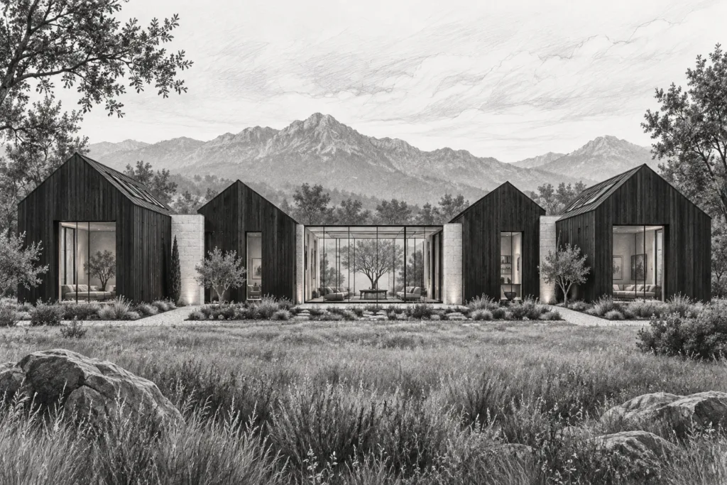 Residence with four tower winter court house, four low timber volumes, recessed glazed winter court and limestone spine.