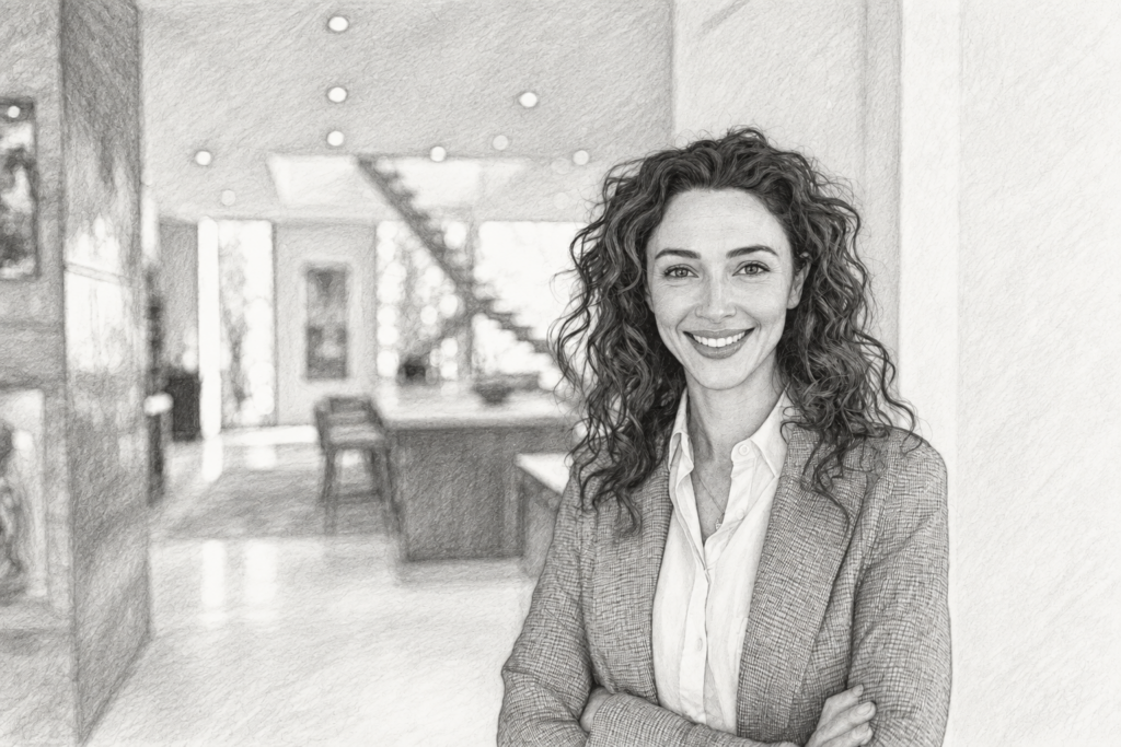 Luxury Real Estate Tiktok Marketing: Unconventional Client Acquisition 1 Smiling curly-haired woman standing in a bright interior.