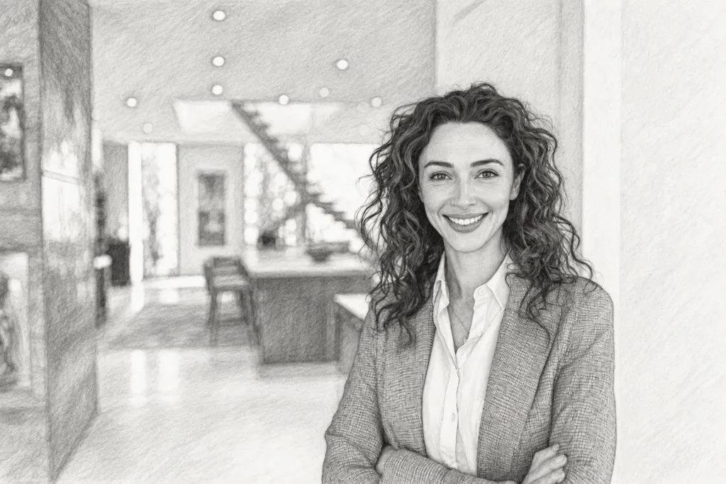 Smiling curly-haired woman standing in a bright interior.
