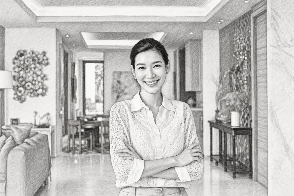Smiling woman standing in a bright interior.