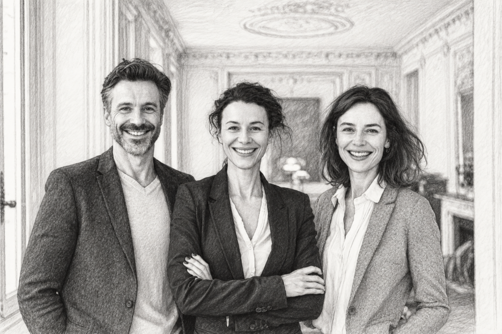 Three professionals standing together in an ornate interior.