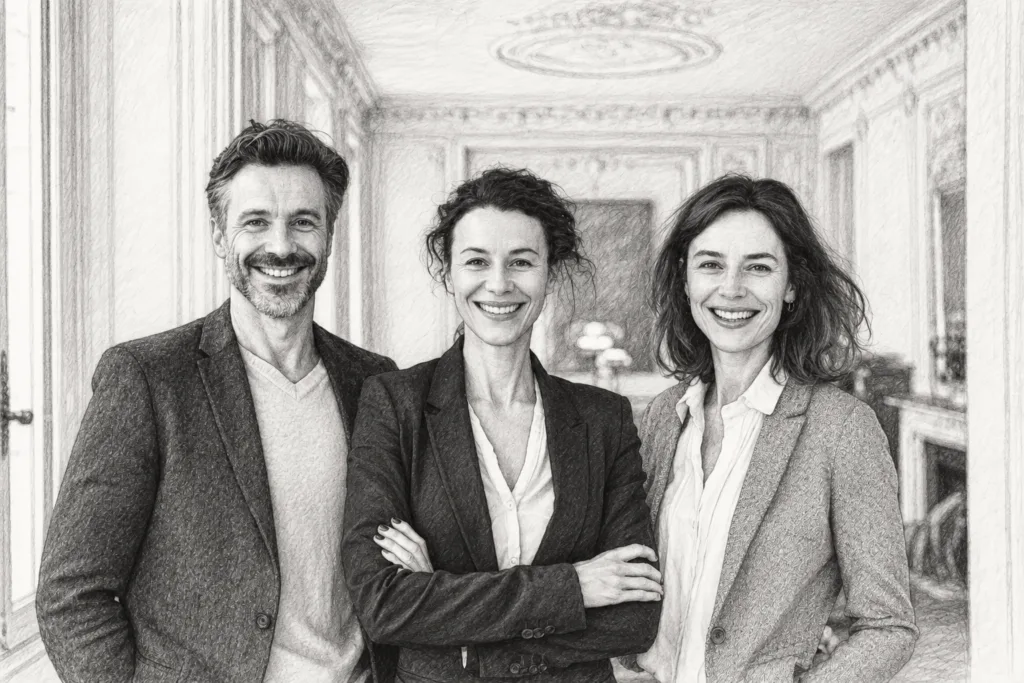 Post-Sale Mastery: Luxury Real Estate Client Retention That Scales 1 Three professionals standing together in an ornate interior.