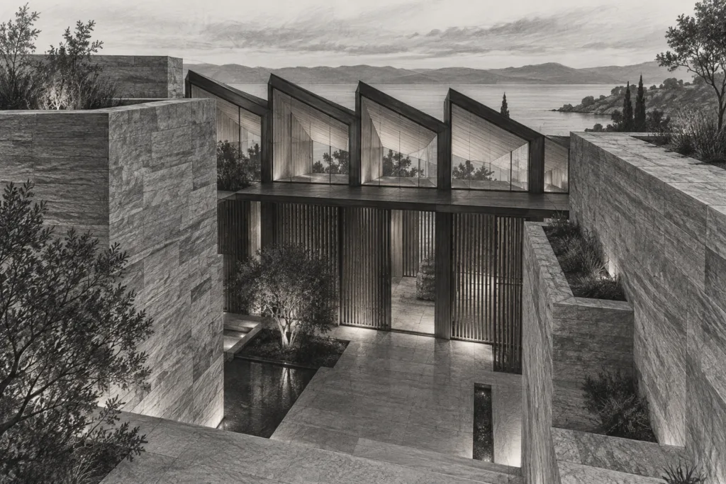 Stone residence with two stepped masses, clerestory, and recessed court.