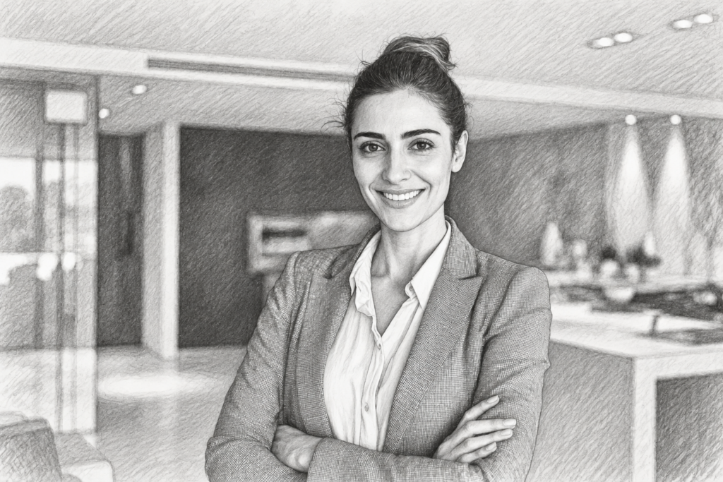 Expectation Management For Luxury Real Estate Agents: High-Stakes Wins 1 Smiling woman standing with folded arms in an interior.