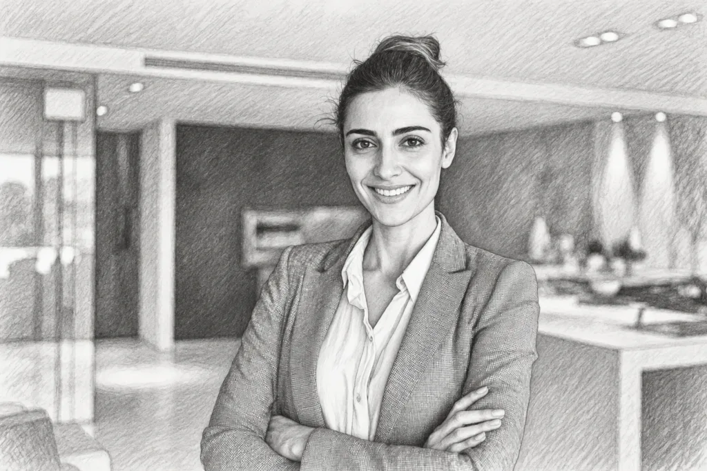 Expectation Management For Luxury Real Estate Agents: High-Stakes Wins 1 Smiling woman standing with folded arms in an interior.