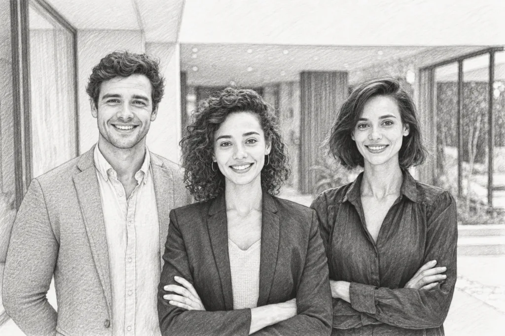 Three adults standing together in a bright interior.