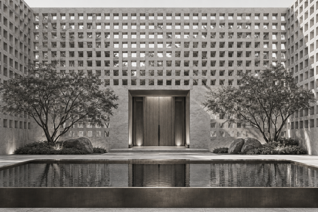 Elite Teams: Build A Luxury Real Estate Talent Pipeline For 2025 1 Residence with a perforated stone lattice wall enclosing a deep courtyard and water basin.