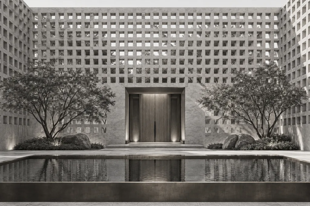 Residence with a perforated stone lattice wall enclosing a deep courtyard and water basin.