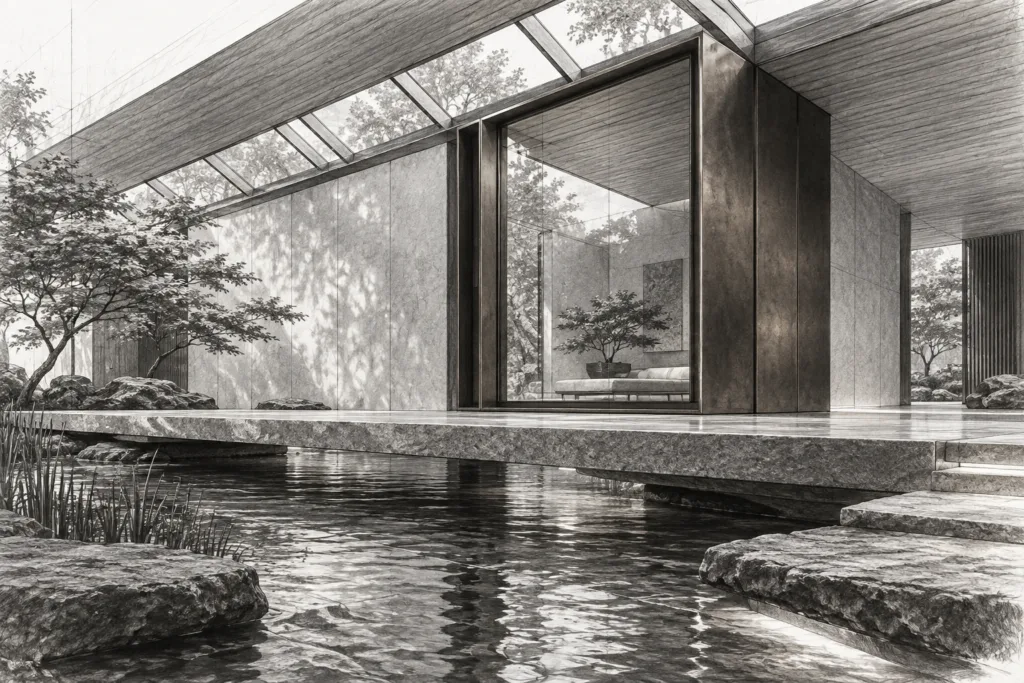 Value Propositions For Luxury Clients That Win And Keep Vips 1 Residence with northlight pier house, long stone slab over water garden, narrow northlight roof and pier window.