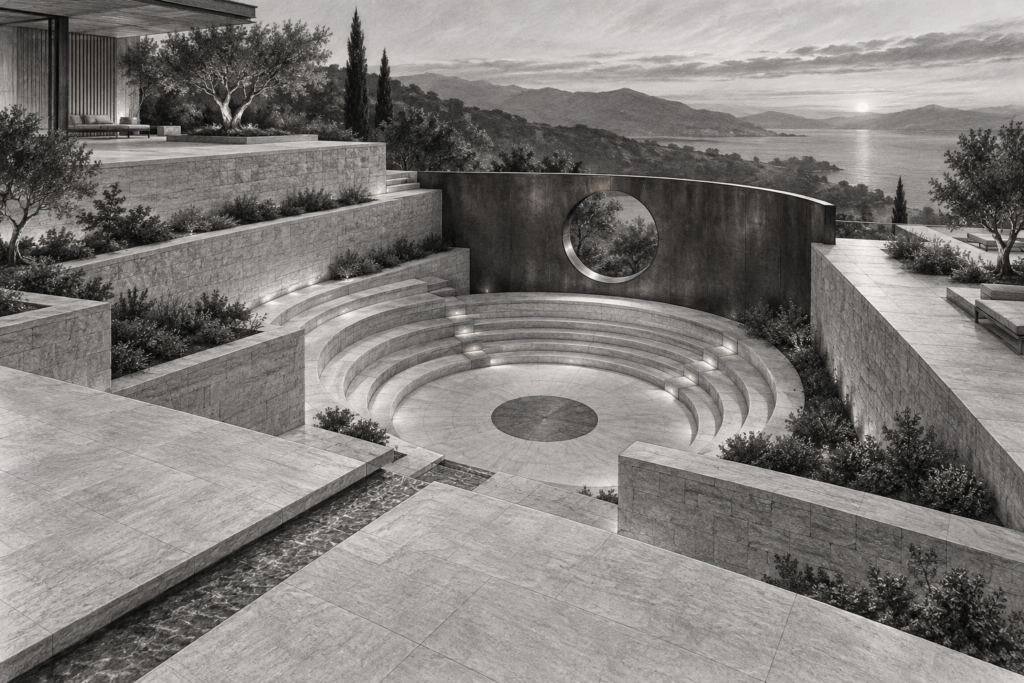How Elite Teams Use Luxury Real Estate Budget Strategies | Re Luxe Leaders® 1 Limestone residence with offset terraces, sunken amphitheater, and oculus wall.