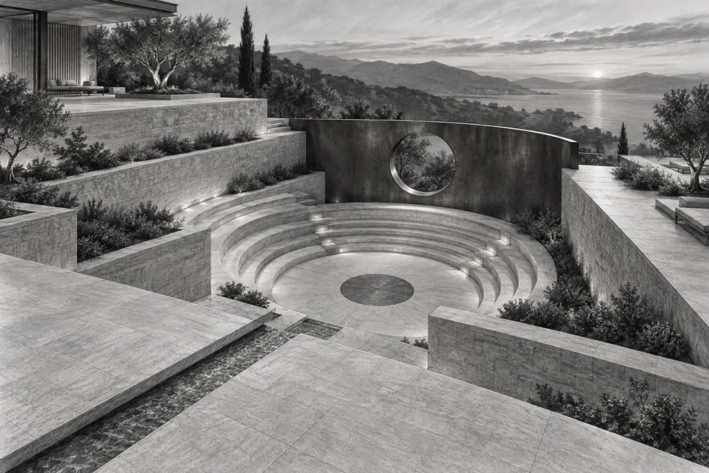 Limestone residence with offset terraces, sunken amphitheater, and oculus wall.