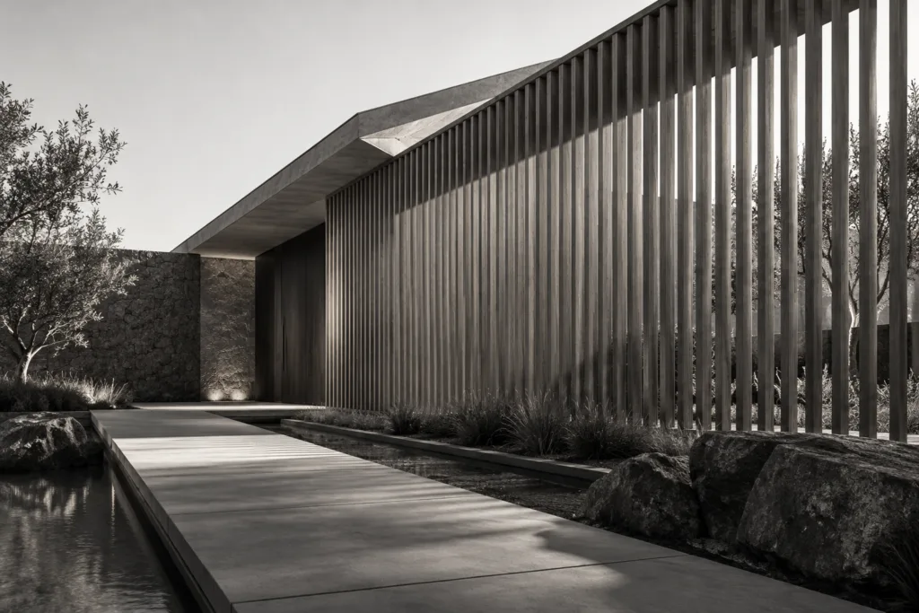 Ai Workflow Control For Elite Real Estate Teams: Outsmart Distractions 1 Low courtyard residence screened by a vertical timber louver wall and long shadow walk.
