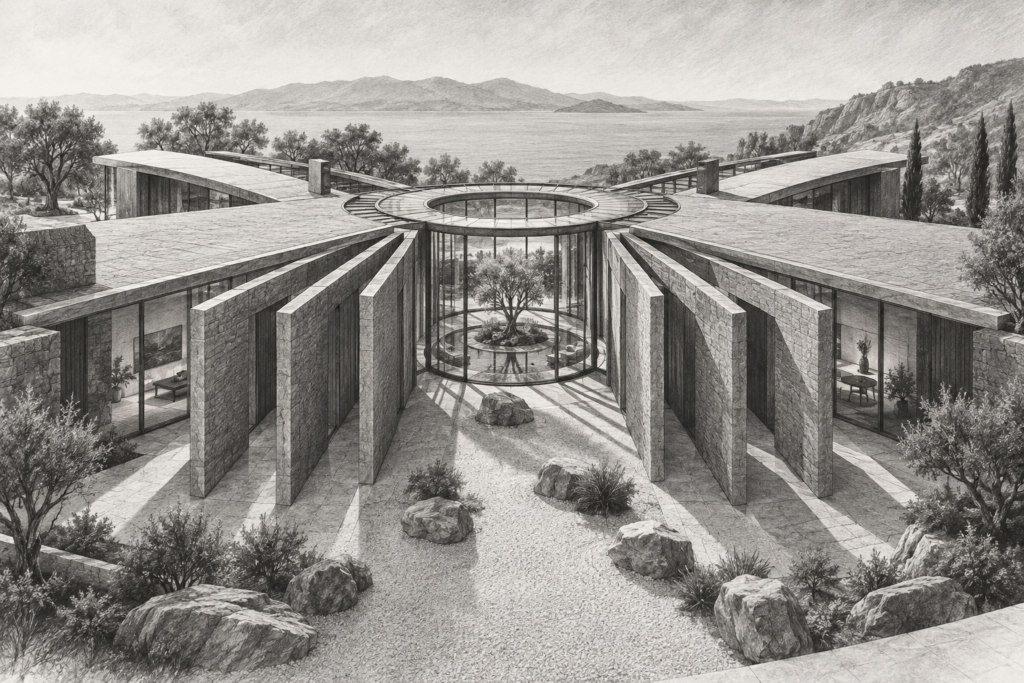 Fan-shaped residence with a radial glazed courtyard and garden apron.