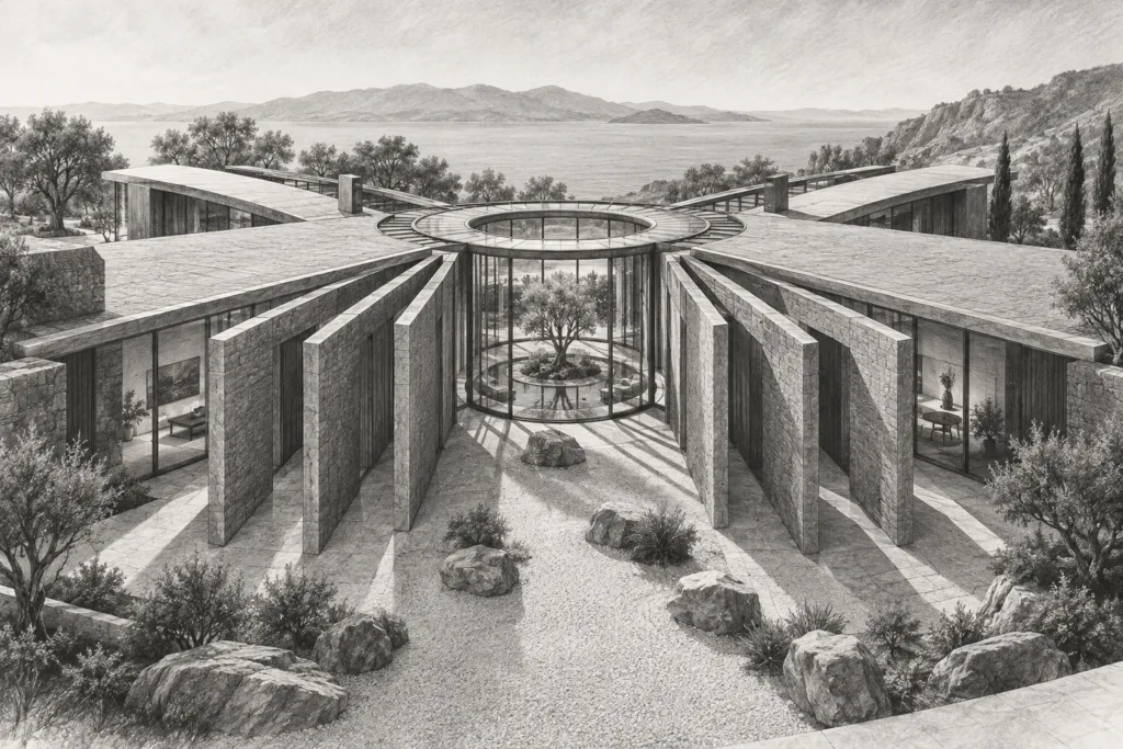 Fan-shaped residence with a radial glazed courtyard and garden apron.