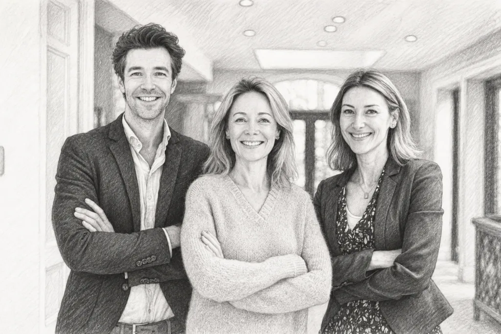 Three adults standing together in a bright interior.