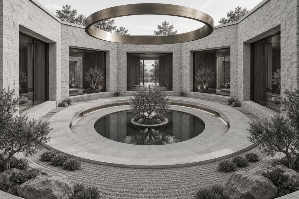 Luxury Real Estate Emotional Drivers: Unconventional Sales Playbook 1 Octagonal stone residence enclosing a circular courtyard beneath a roof oculus.
