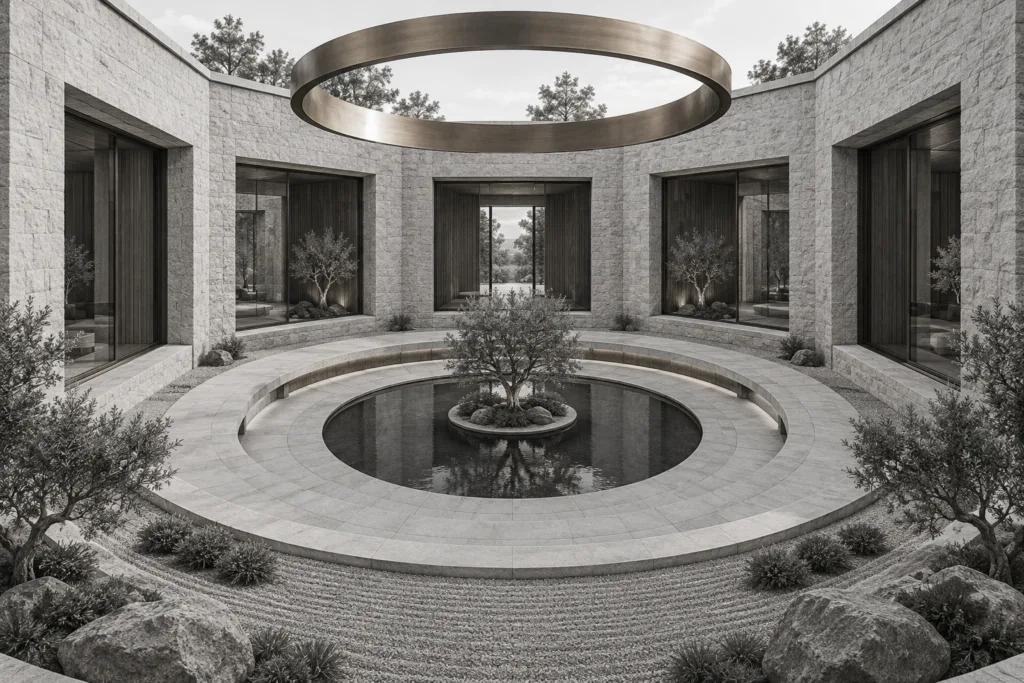 Octagonal stone residence enclosing a circular courtyard beneath a roof oculus.