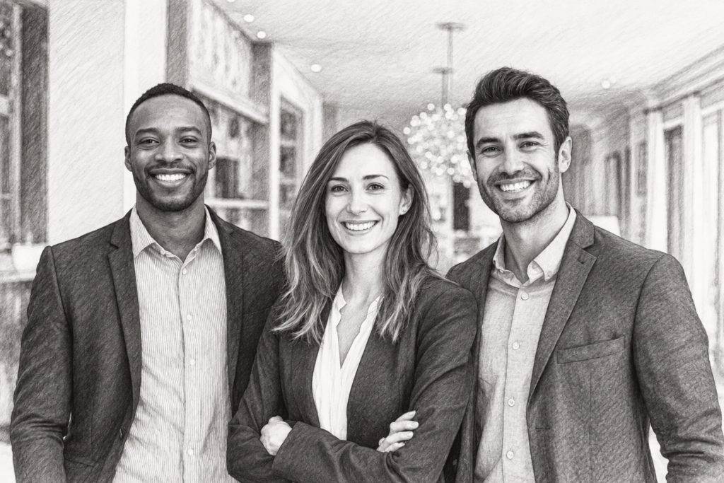 Luxury Real Estate Ad Targeting: How Elite Agents Capture Hnw Clients 1 Three adults standing together in a bright interior.