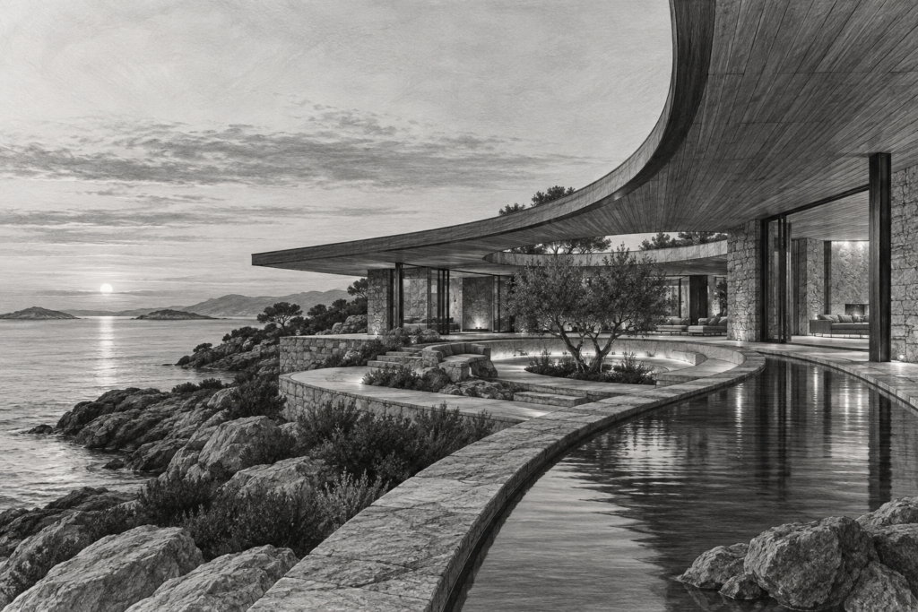 Communication Strategies For Luxury Real Estate Teams That Close Faster 1 Shoreline residence with a cantilevered roof, crescent courtyard, and reflecting rill.