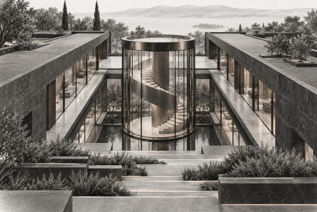 Delegation Strategies For Luxury Real Estate Teams That Scale 1 Residence with oculus court house, parallel stone wings, sunken glass court and circular stair lantern.