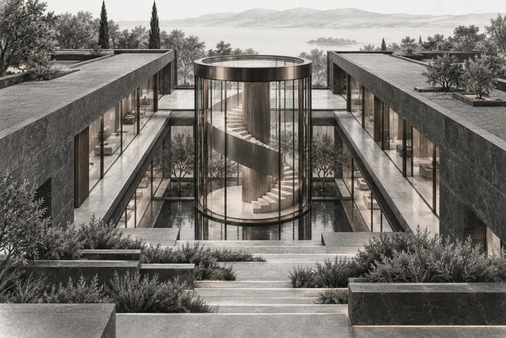 Delegation Strategies For Luxury Real Estate Teams That Scale 1 Residence with oculus court house, parallel stone wings, sunken glass court and circular stair lantern.