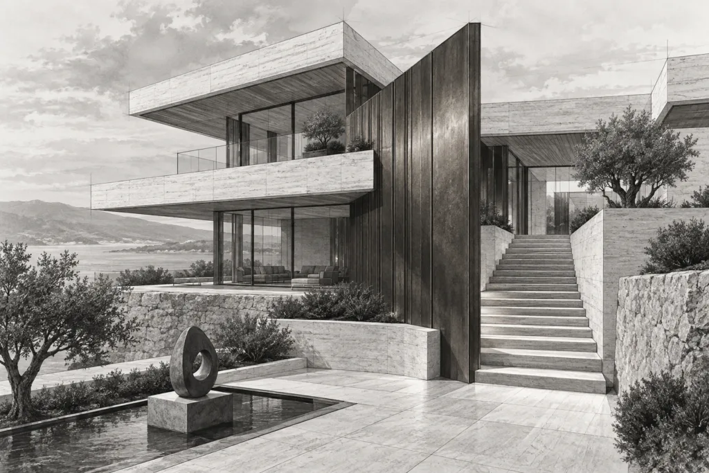 Unexpected Client Gestures: Elite Retention Hacks For Luxury Agents 1 Limestone residence with angled screen wall, outdoor stair, and sculpture terrace.