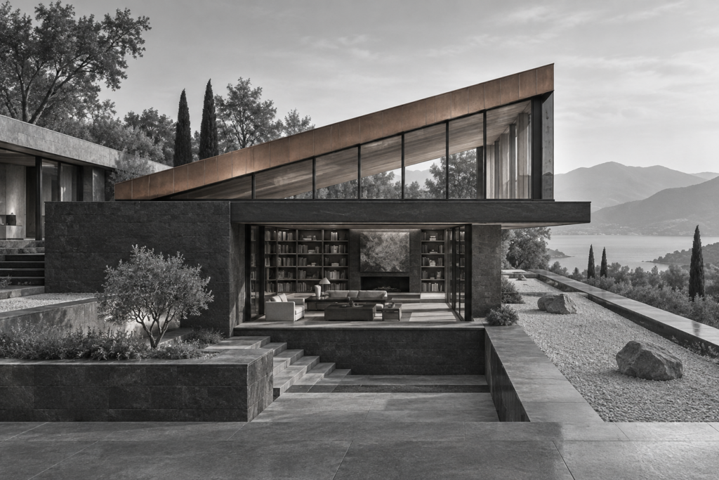 Decoding Value: Luxury Real Estate Differentiation Strategies 1 Low stone residence with a sloped lantern roof above a split-level library terrace.