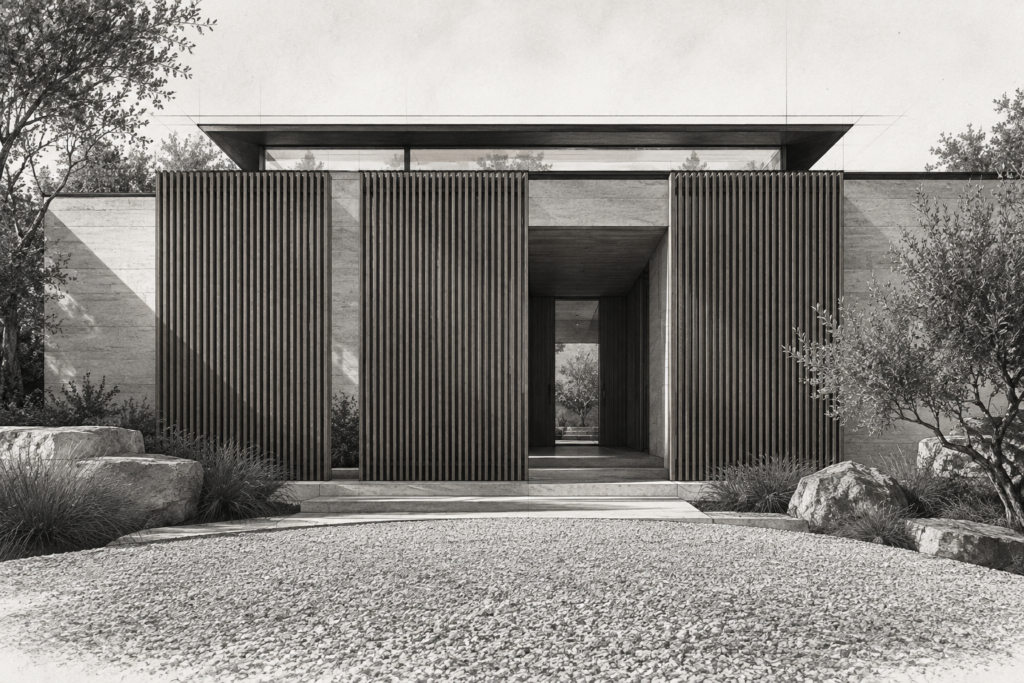 Unlock Hidden Market Edges Through Strategic Networks 1 Residence with screened northlight house, three vertical cedar screens, low limestone residence and deep shadow entry.
