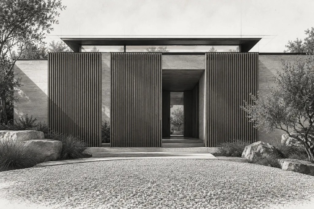 Unlock Hidden Market Edges Through Strategic Networks 1 Residence with screened northlight house, three vertical cedar screens, low limestone residence and deep shadow entry.