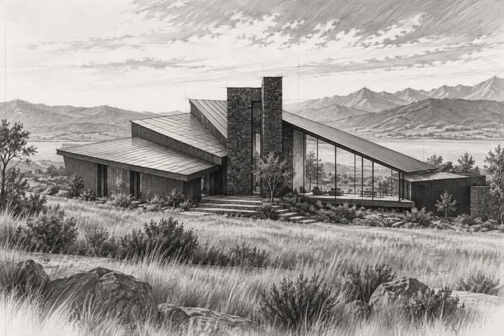 Why Elite Teams Use Market Insight War Rooms To Dominate 1 Meadow residence with radiating roof planes, stone spine, and glazed wing.