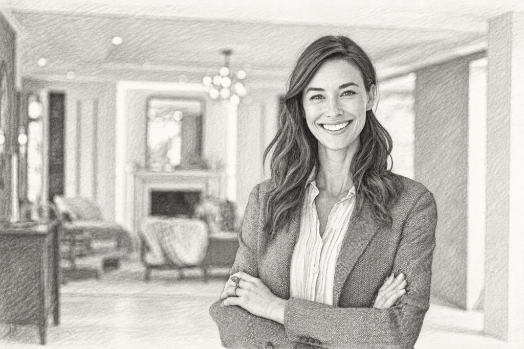 Luxury Real Estate Stress Management: Convert Pressure To Wins 1 Smiling woman with folded arms standing in a bright residential interior.