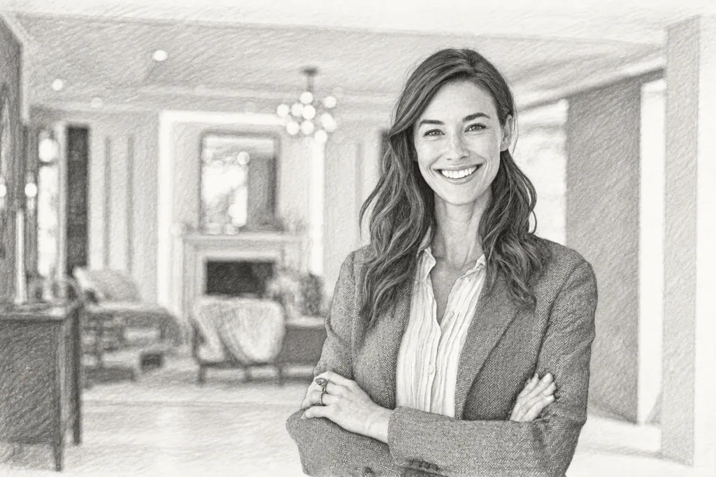 Luxury Real Estate Stress Management: Convert Pressure To Wins 1 Smiling woman with folded arms standing in a bright residential interior.