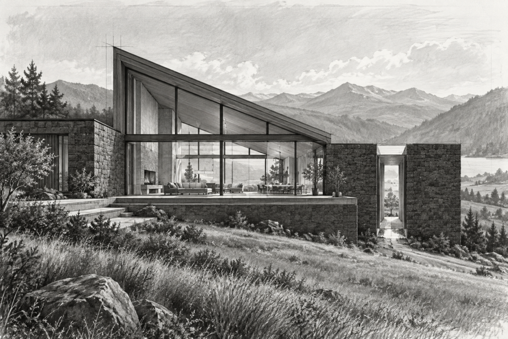 How Elite Agents Decode Affluent Client Psychology During Market Shifts 1 Residence with an asymmetric roof truss, glazed salon, and open slot.