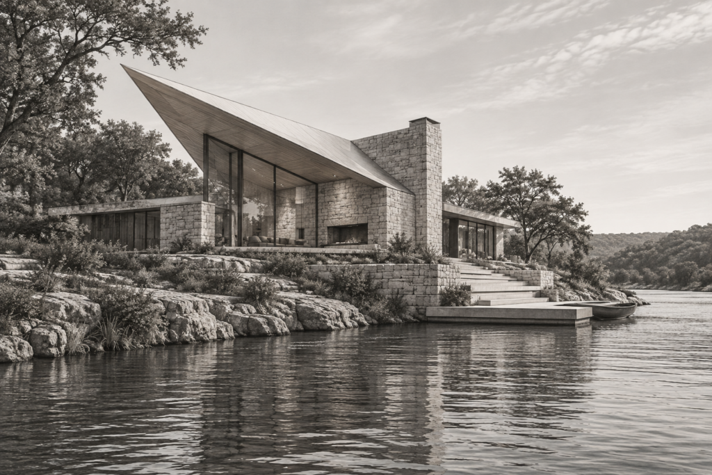 How Elite Agents Use Crms To Predict Client Moves 1 River-bend residence with a folded roof, limestone hearth wall and stepped water terrace.