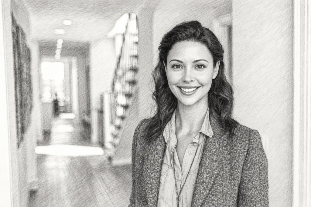 Smiling woman standing in a hallway.