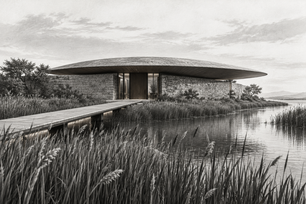 Marsh residence with a lens shaped stone roof and elevated entry walk.