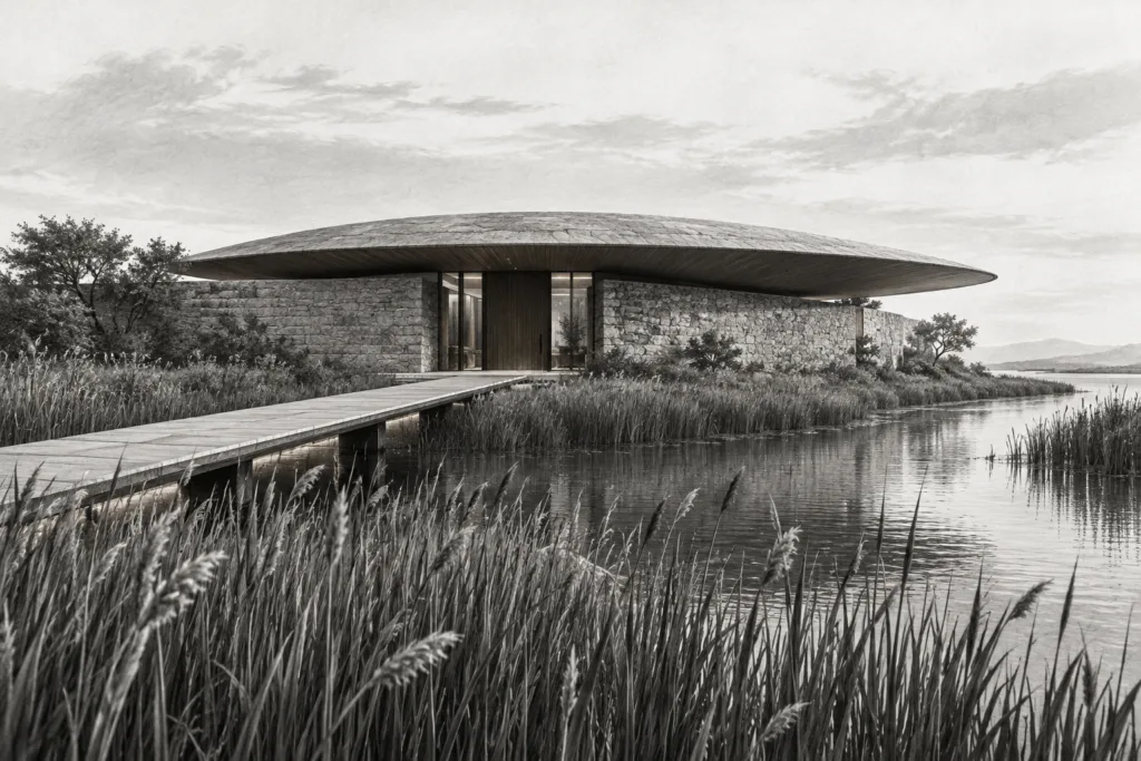 Luxury Real Estate Social Media Strategy: Winning Ultra-Wealthy In 2025 1 Marsh residence with a lens shaped stone roof and elevated entry walk.