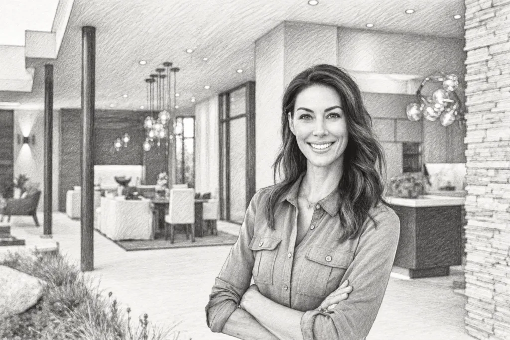 Smiling woman standing in a living room.