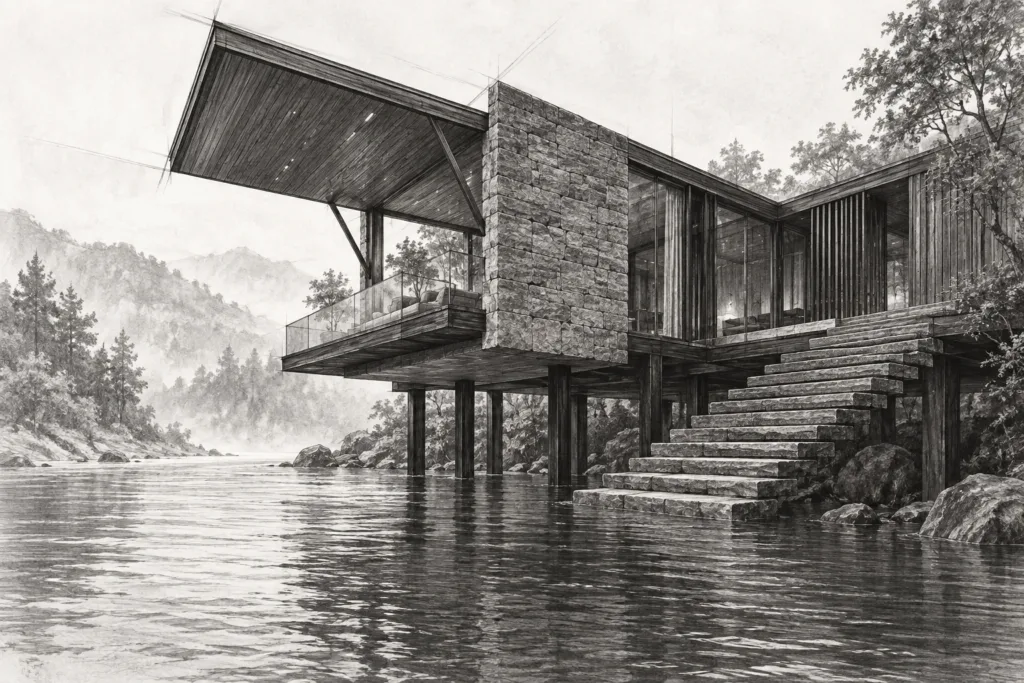 River residence with a suspended stone core, hinged roof deck, and water stair.