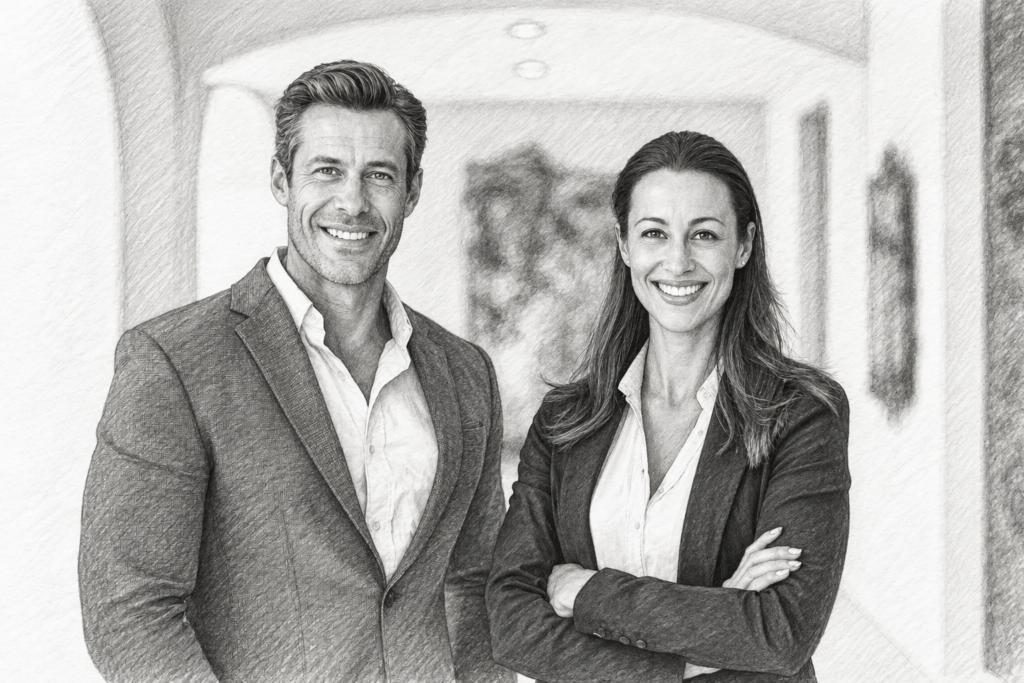 Man and woman standing together in a bright interior.