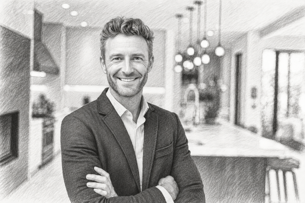 Smiling man standing with arms crossed in a kitchen.