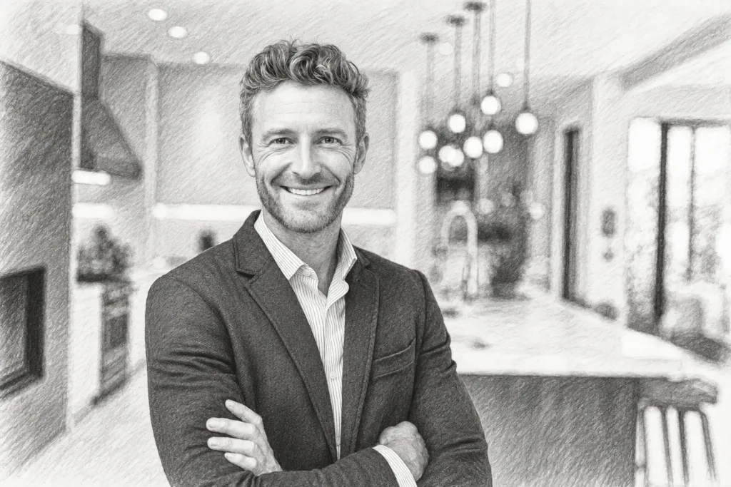 Cut The Noise: Productivity Hacks For Luxury Real Estate Teams 1 Smiling man standing with arms crossed in a kitchen.