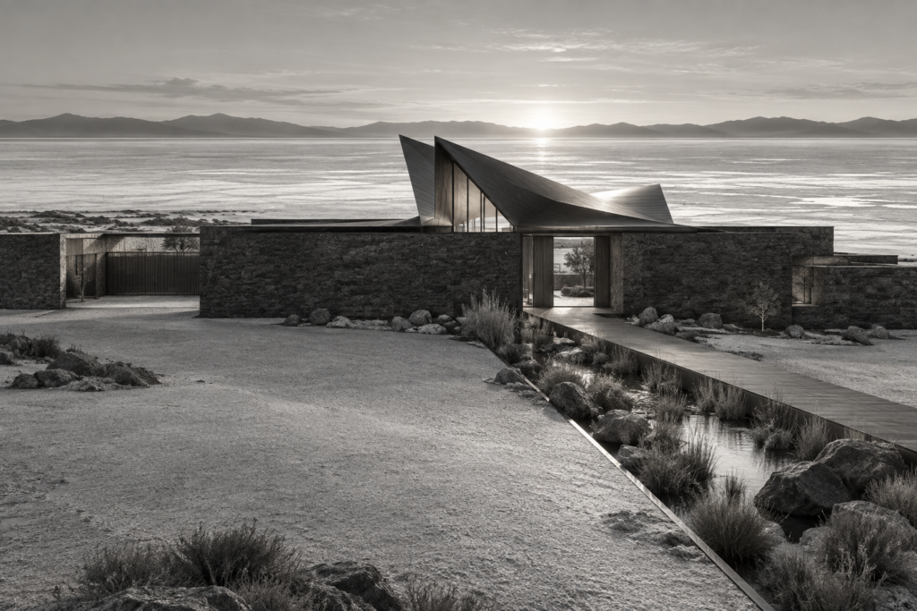 Black-stone residence at a salt-flat edge with a folded wind-scoop roof and rain garden.
