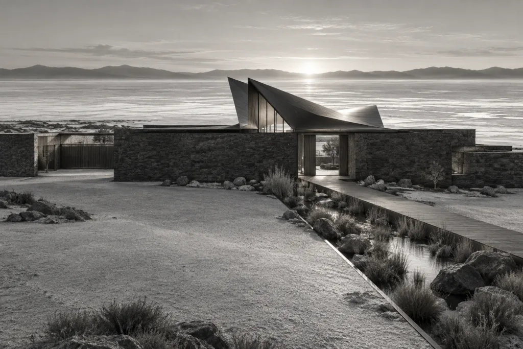 Black-stone residence at a salt-flat edge with a folded wind-scoop roof and rain garden.