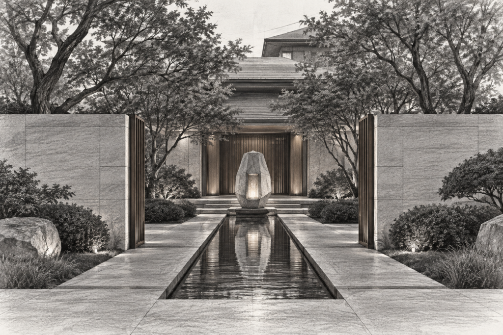 Urban garden residence with a faceted stone lantern, reflecting channel and stepped roof.