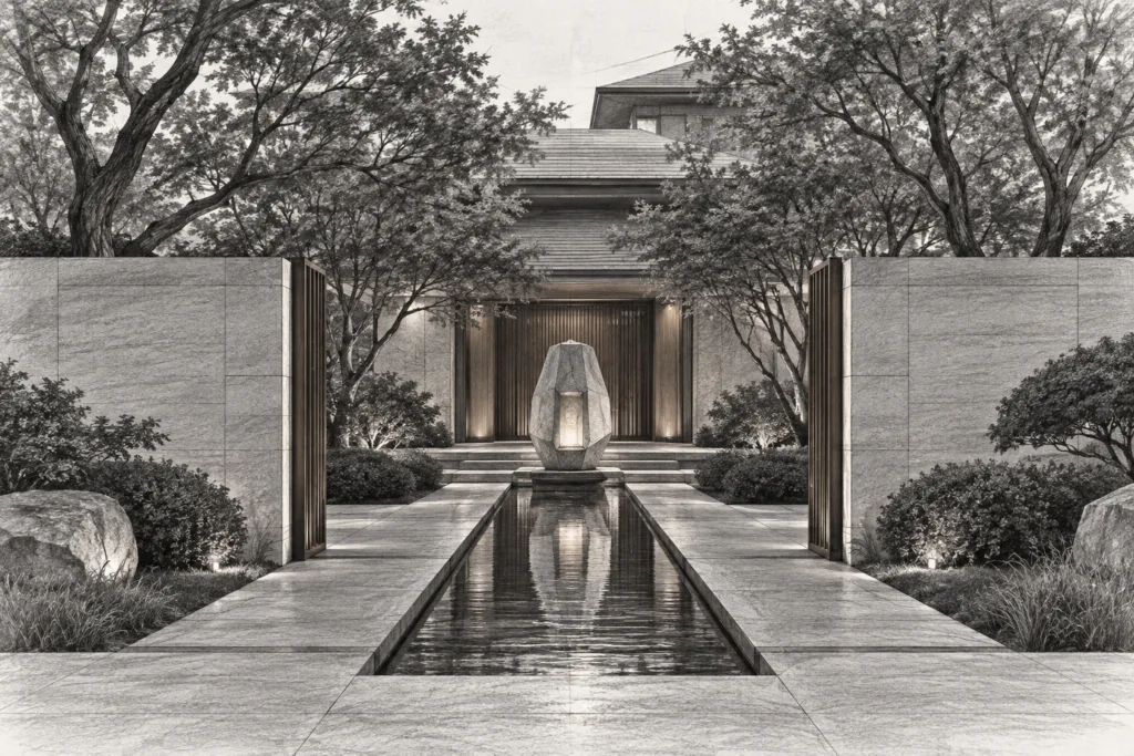 Luxury Real Estate Branding Strategy: Hidden Leverage To Dominate 1 Urban garden residence with a faceted stone lantern, reflecting channel and stepped roof.